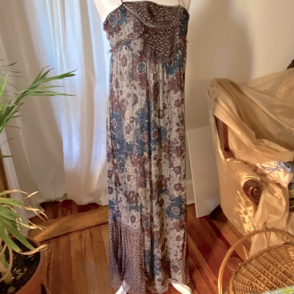ZARA 100% Silk Chiffon Sheer Patchwork Mixed Florals Maxi Slip Dress - Picture 3 of 9